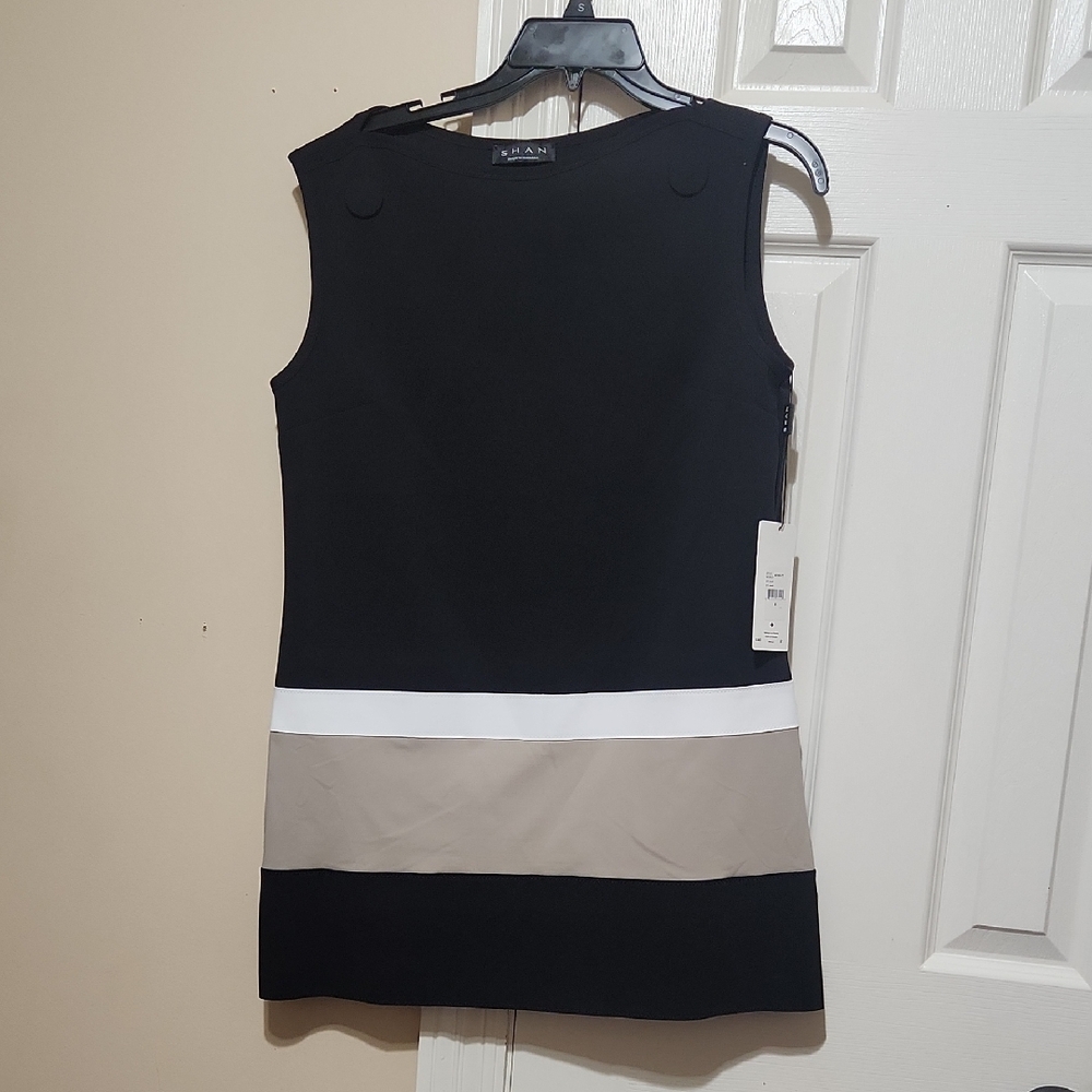SHAN Black and Cream Sleeveless Sheath Mini Dress